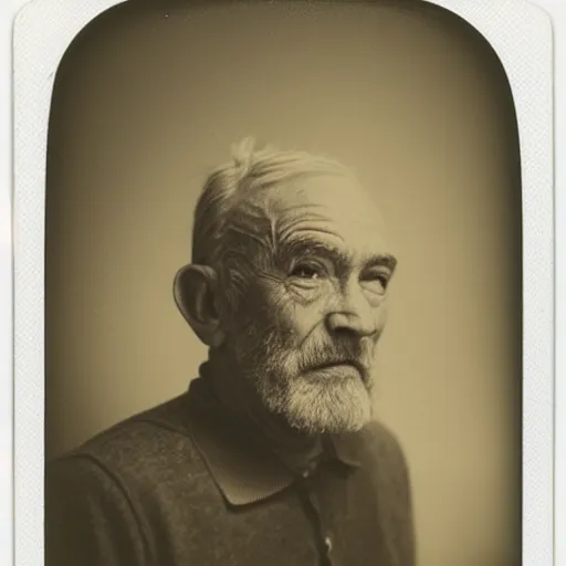 Image similar to polaroid photo of an older man, about 7 0 years old, with wrinkles on his face, looking towards infinity with a sad look, a two - day beard and a woolen cap while his lips are chapped by the sun, as well as his dark complexion