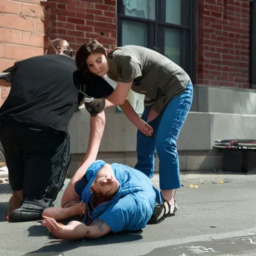 Image similar to rachel bloom helping a thug on the street who is having a medical emergency by calling an ambulance full of bitches, ultra detailed, 8 k resolution, ultrarealistic