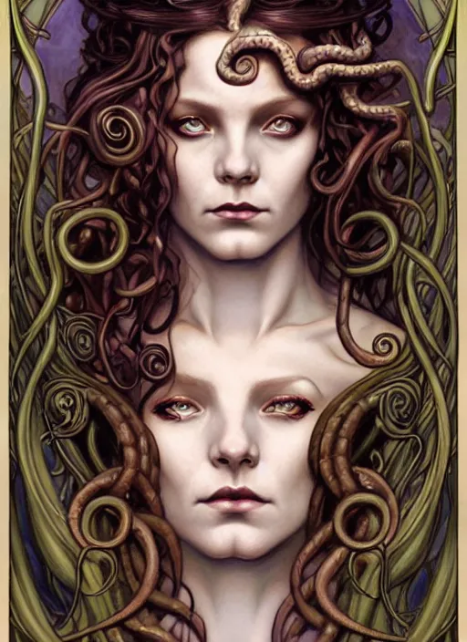 Prompt: an art nouveau, medusa portrait in the style of charlie bowater, and in the style of donato giancola, and in the style of charles dulac. very large, clear, expressive, intelligent eyes. symmetrical, centered, ultrasharp focus, dramatic lighting, photorealistic digital painting, intricate ultra detailed background.