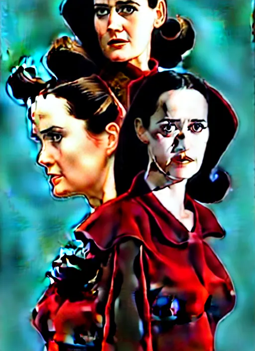 Image similar to detailed artwork by phil noto ; stylized painting of young jennifer connelly ; eva green ; young jennifer connelly from the rocketeer ; brush texture ; asymmetric composition ; paint texture ; trending on artstation ; gallery painting by phil noto, comic style