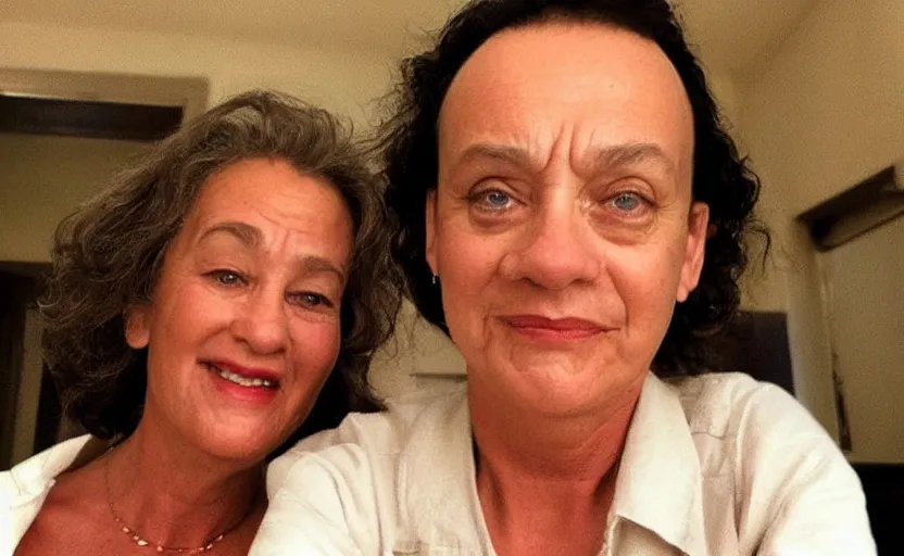 Prompt: my aunt look like Tom Hanks if he was a woman lol, close-up, uncomfortable, phone quality, camera flash on, viral photo, viral on instagram