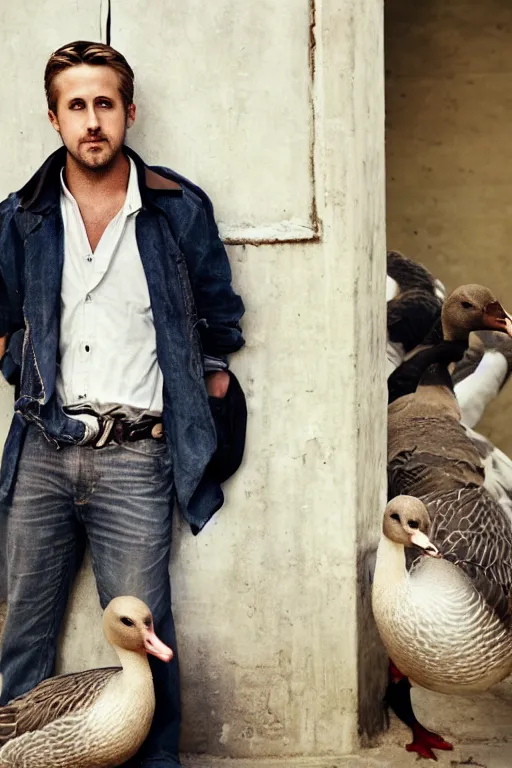 Image similar to ryan gosling fused with a goose, construction, natural light, bloom, detailed face, magazine, press, photo, steve mccurry, david lazar, canon, nikon, focus