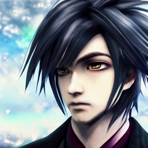 Prompt: a handsome young man in a in a magical field, detailed face, wearing a black suit, piercing gaze, final fantasy cutscene, in the style of Yoshitaka Amano, moonray render, ray tracing —H 640