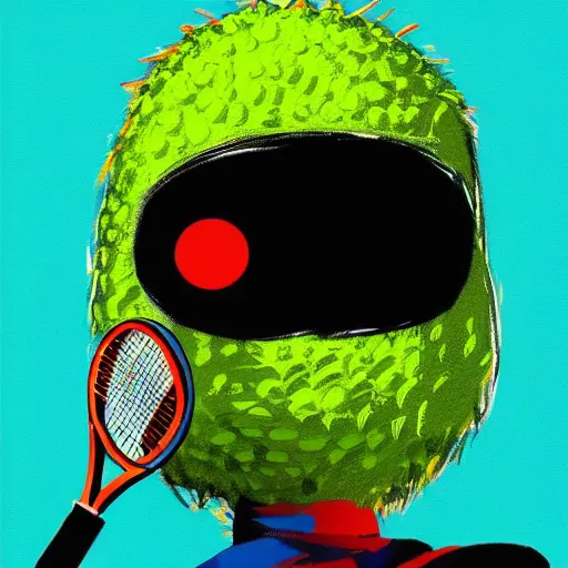 Image similar to a tennis ball monster with a tennis racquet, ski mask, balaclava, face covered smooth, intricate, elegant, power aura, digital painting, artstation, concept art, sharp focus, illustration, art by basil gogos - h 6 4 0