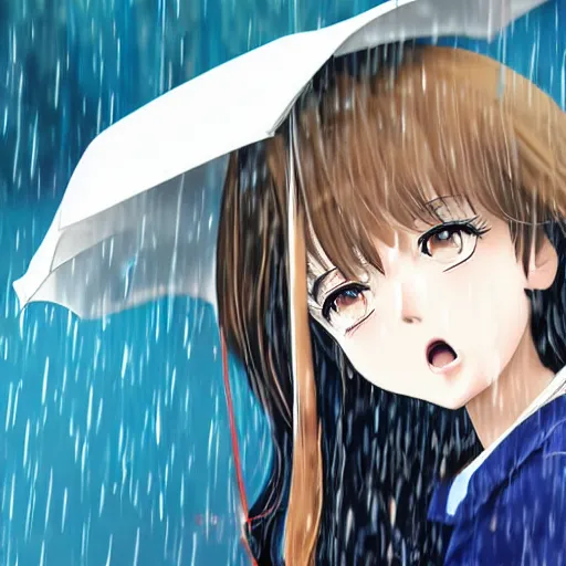 Prompt: anime headshot portrait of young yelling girl on bus station in rain by makoto sinkai, fine details