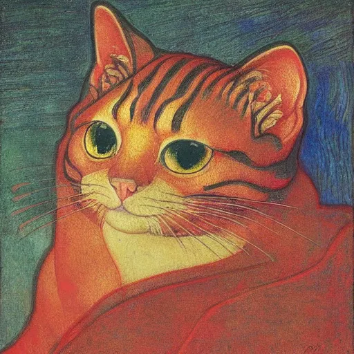 Image similar to cloisonne cat head, by annie swynnerton and diego rivera and nicholas roerich and jean delville, symbolist, dramatic lighting, god rays, art brut, rich colors, smooth, sharp focus, extremely detailed, adolf wolfli and ( donato giancola and bilibin )