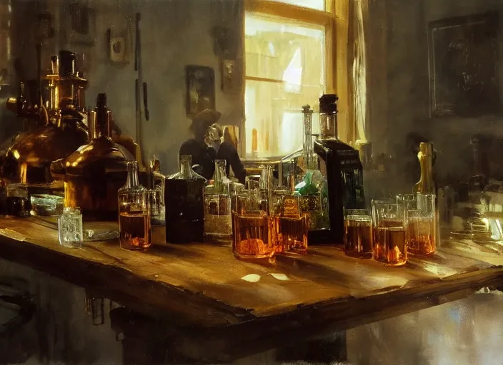 Image similar to oil painting of beautiful copper still, distillation, barley grains, plants and whiskey bottle, art by anders zorn, wonderful masterpiece by greg rutkowski, beautiful cinematic light, american romanticism by greg manchess, creation by tyler edlin