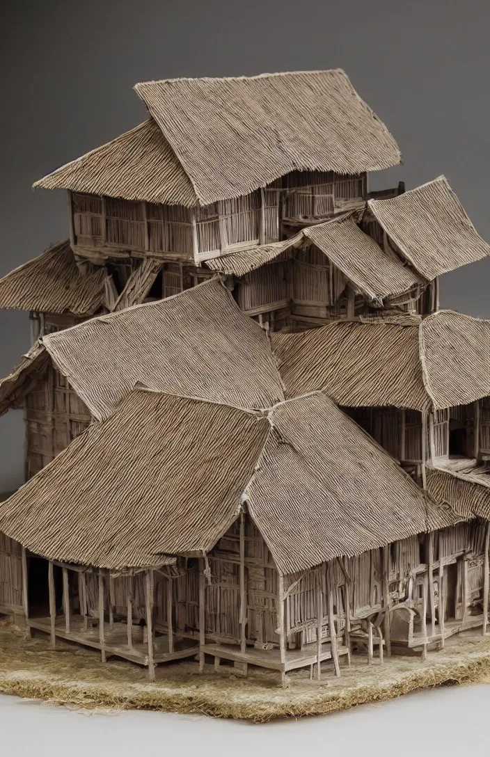 Image similar to architectural model, studio lighting, low contrast, single building, rumah tradisional toraja, tongkonan