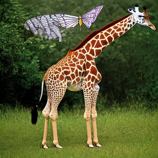 Prompt: giraffe with butrerfly wings on its back, full body shot, wings, by studio ghibli