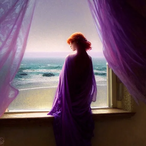 Image similar to A woman looking out to sea from her bedroom, dreamlike scene, high angle shot, dark mood, purple hues, soft lighting, fantasy, intricate, elegant, highly detailed, digital painting, artstation, concept art, smooth, sharp focus, illustration, art by Krenz Cushart and Artem Demura and alphonse mucha