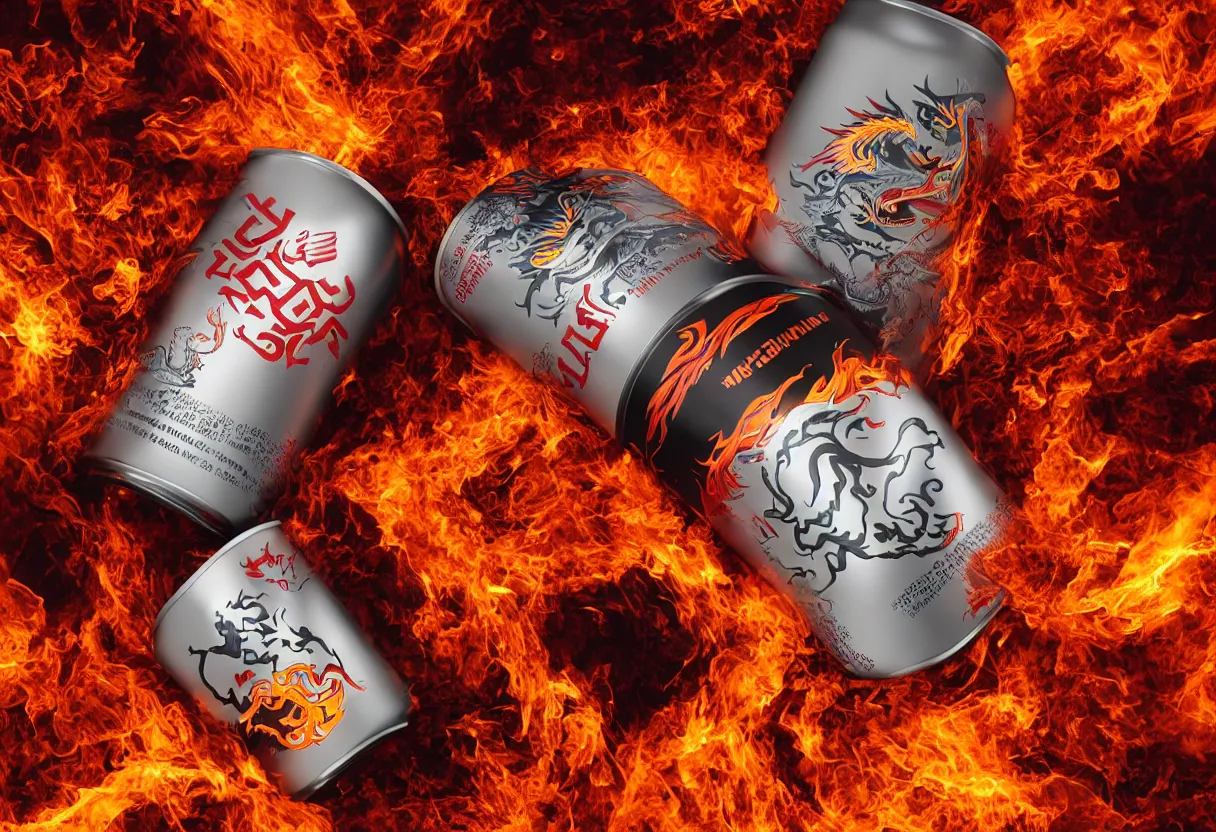 Prompt: an aluminium can of a dragon-flavored energy drink, professional studio photography, smokey and fiery background, packshot