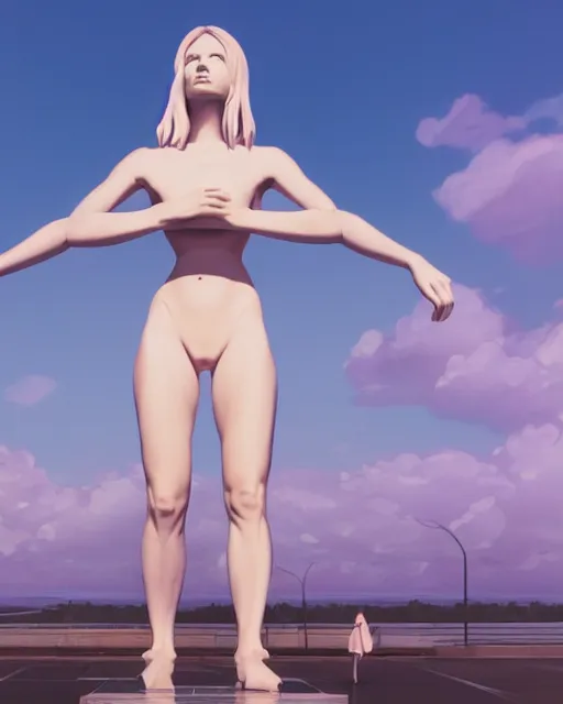 Image similar to a cgsociety render of a foreground woman standing in front of a background huge statue, a screenshot by stanley twardowicz, cgsociety, aestheticism, aesthetic, vaporwave, anime aesthetic