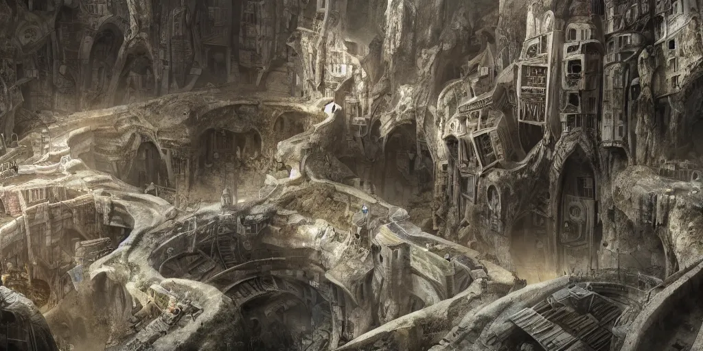 Prompt: a thriving underground city built in a round bottomless chasm, houses are carved into the sidewalls, long winding stairs going down, 8 k, shallow depth of field, moody lighting, ultra high detail, concept art,