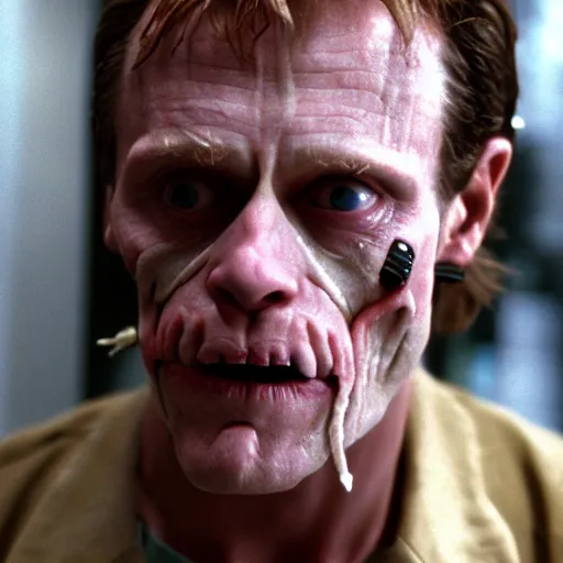 Image similar to willem dafoe as hannibal lecter in silence of the lambs. realistic film still. zeiss 5 0 mm.