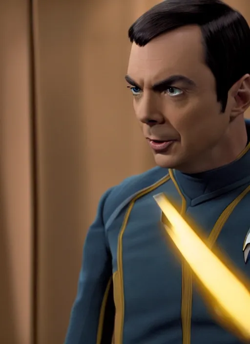 Prompt: film still of Jim Parsons as Spock in Star Trek, 4k