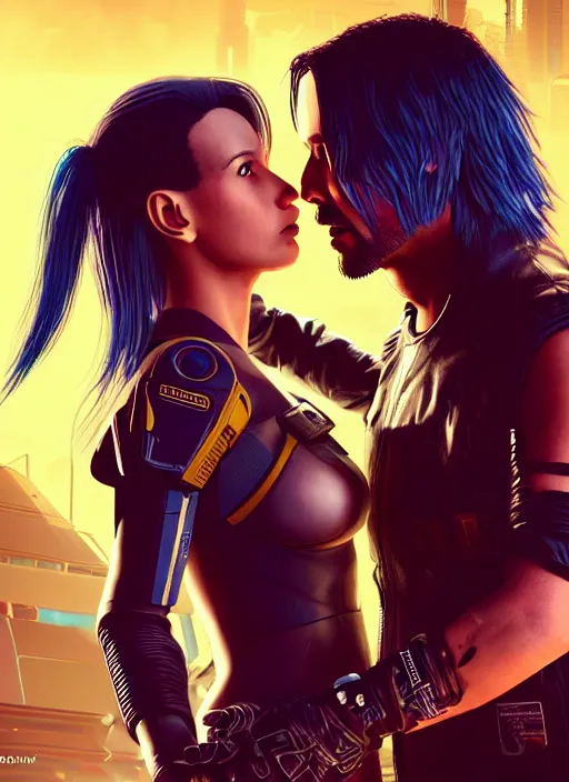 Image similar to a cyberpunk 2077 couple portrait of a Keanu Reeves as johnny silverhand and a female android in final kiss,love,fantasy, intricate, elegant,film lighting,artstation,deviantart,FAN ART,full of color,Digital painting,face enhance,highly detailed,8K,octane,golden ratio,cinematic lighting