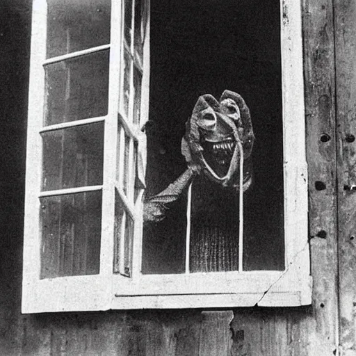 Image similar to ghastly creature peaking from a window, 1900s picture