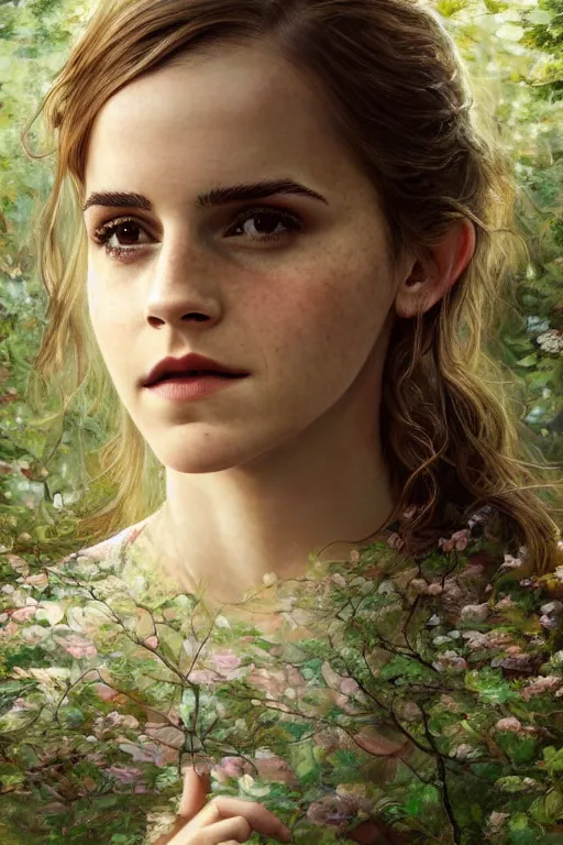 Prompt: Emma Watson as a beautiful forest nymph, oil on canvas, intricate, portrait, 8k highly professionally detailed, HDR, CGsociety
