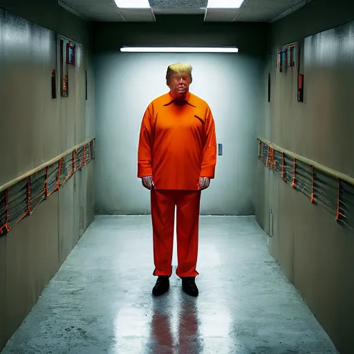 Image similar to donald trump dressed in orange prison uniform in a prison cell, jail bars, framing - medium shot, natural light failing on his face, by terry richardson