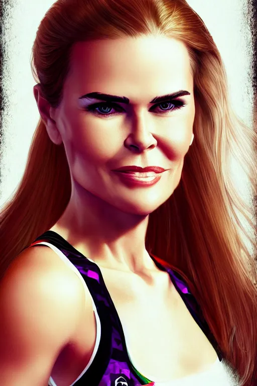 Image similar to mix of beautiful young maria shriver, mariel hemmingway, brooke shields, nicole kidman and elle macpherson as a zumba instructor, thin lips, hair tied up in a pony tail, dark blonde hair, colorful, artstation, cgsociety