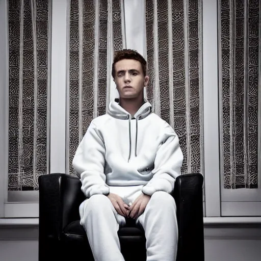 Image similar to Young white Almighty God, wearing tracksuit sitting in armchair in poor european apartment. Perfect composition. Digital art, in style of Viktor Miller-Gausa, intricate stunning texture and details, fine detailed face. Dramatic lighting