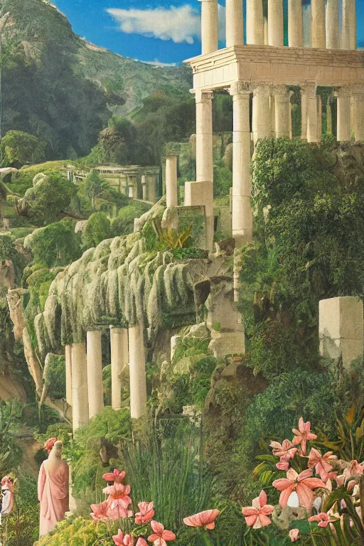 Prompt: hanging gardens of babylon, temple of artemis at ephesus, waterfalls, blooming hills with spring flowers and pillars by helen lundeberg