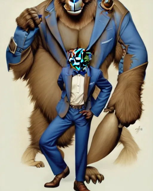 Image similar to don bluth, loish, artgerm, joshua middleton, steampunk, clockpunk anthropomorphic gorilla, full blue suit, smiling, symmetrical eyes symmetrical face, colorful animation forest background