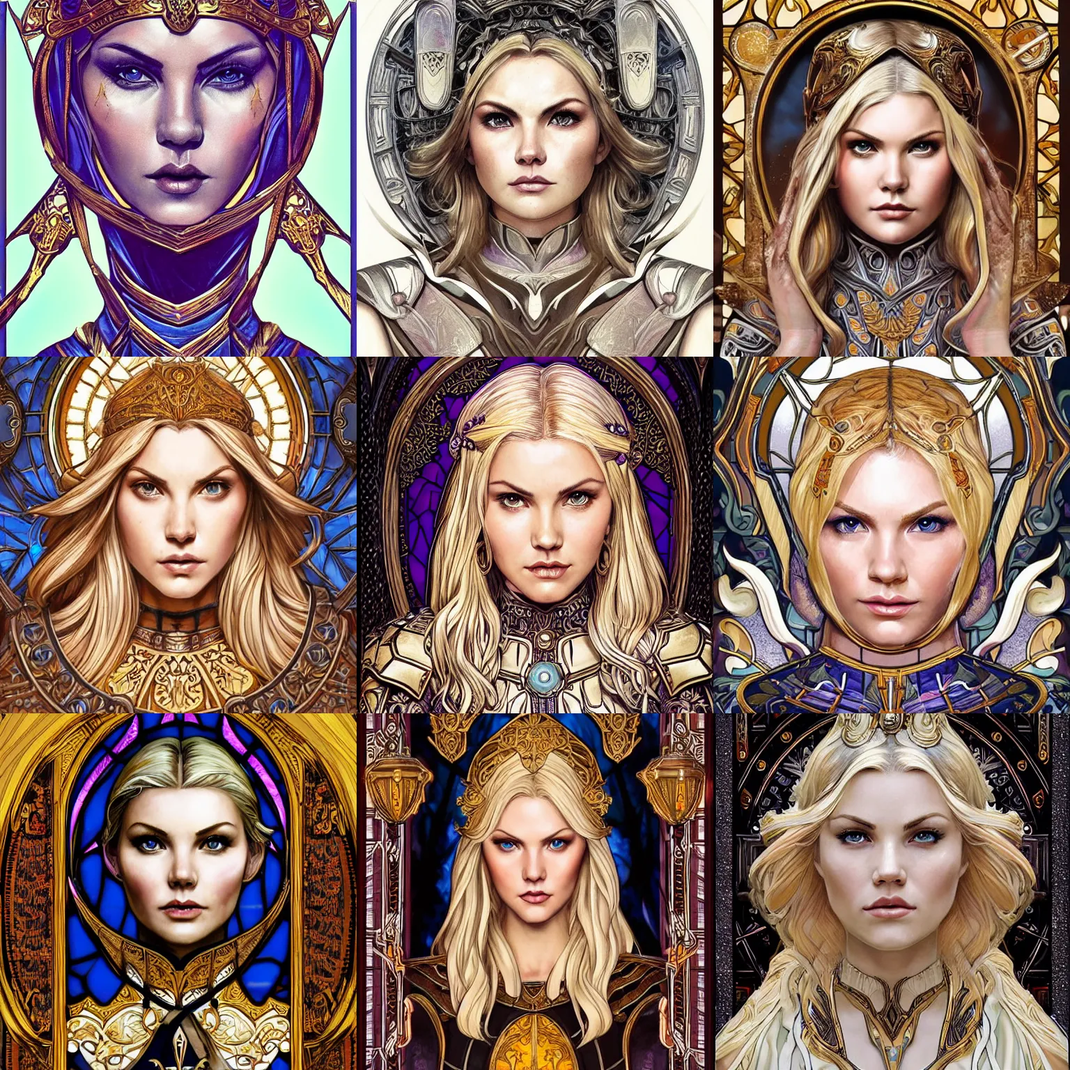 Prompt: head-on symmetrical centered painted portrait, Elisha Cuthbert as a paladin, blonde hair, golden halo, ornate iron armour, art nouveau, fantasy, masterpiece stained glass, intricate, elegant, highly detailed, smooth, sharp focus, illustration, artstation, in the style of Artgerm and Anna Podedworna and Edgar Maxence and Alex Ross and Mucha