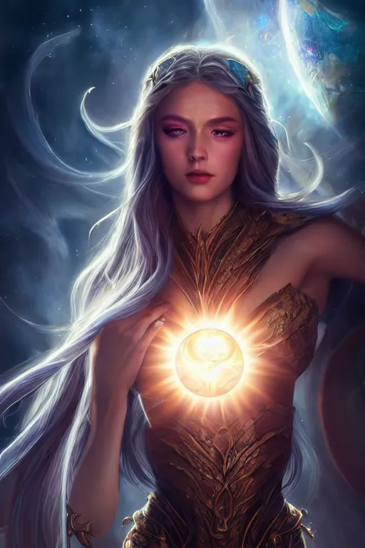 Image similar to beautiful cinematic fantasy poster, goddess of light and love, beautiful glowing galaxy eyes, hybrid from The Elden Ring and art direction by Darius Zawadzki ;by artgerm; wayne reynolds art station; cinematic quality character render; low angle; ultra high quality model; production quality cinema model;