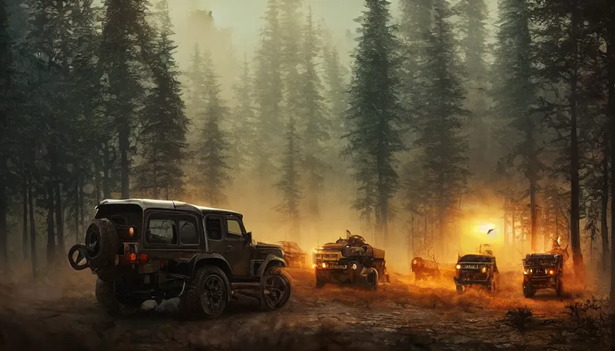 Image similar to Mahindra thar, headlights turned on, tigers and lions attacking, chasing action scene, an epic fantasy, dramatic lighting, cinematic, establishing shot, extremely high detail, photorealistic, cinematic lighting, matte painting, artstation, by simon stalenhag, horizon forbideen west