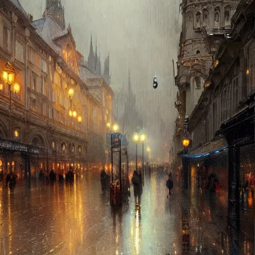 Prompt: a beautifull intricate city, wet sidewalk, peoples, reflexions, raindrops, high details by william turner art, greg rutkowski and alphonse mucha, trending on artstation, very very detailed, masterpiece,