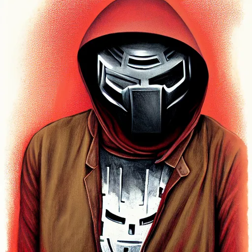 Image similar to portrait of mf doom, dr. doom metal steel mask, dark skin underneath. red t - shirt, beige complex background, intricate, elegant, highly detailed, digital painting, artstation, concept art, smooth, sharp focus, illustration, by anato finnstark, boissb - blanca. j, cindy avelino, clint cearley, anna podedworna