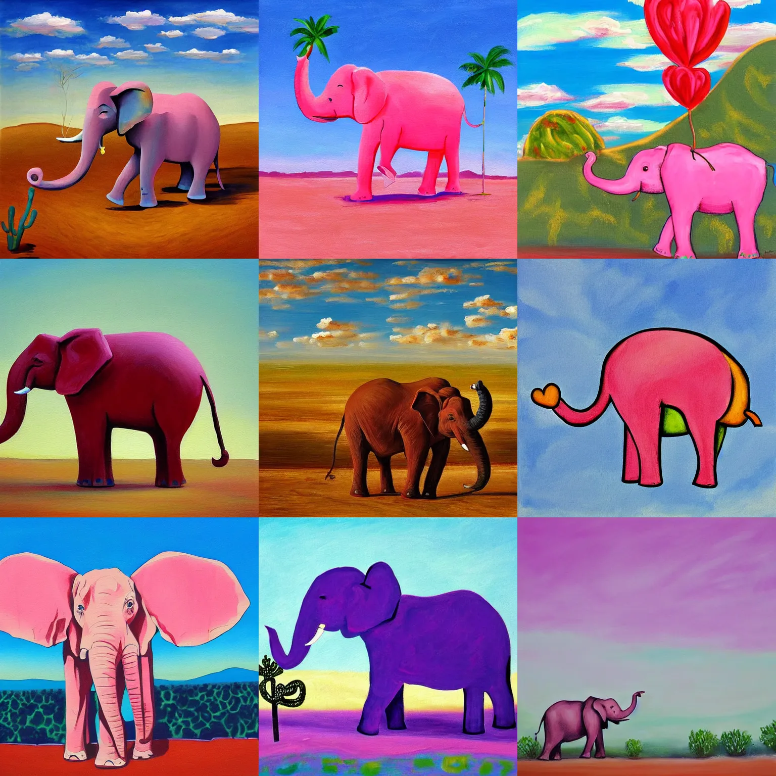 Prompt: pink elephant in a desert against a blue sky, artistic, painting