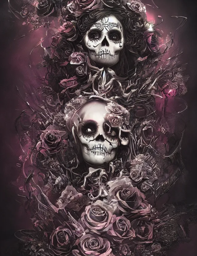 Image similar to a chaotic goddess of death skeleton as a heroine, intricate, elegant skull black rose s day of the dead atmospheric, dramatic, Trending on artstation. augmentations and cybernetic enhancements neon circuits, greg rutkowski , hyperrealist, cinema4D, 8k highly detailed