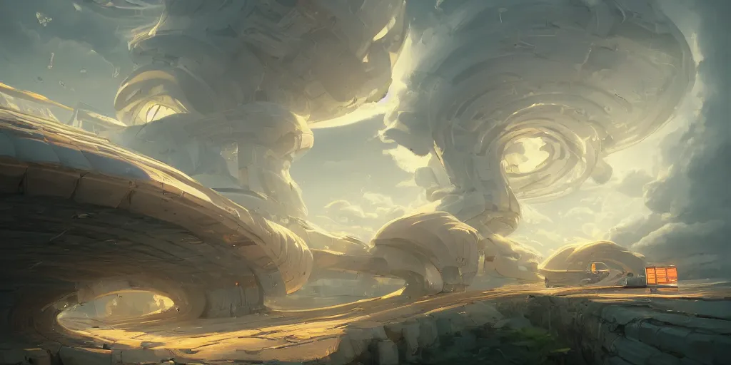 Prompt: beautiful digital illustration of a curvilinear robotic worm by Andreas Rocha, curvilinear architecture, fluffy pastel clouds, cinematic, architecture, concept art, deviantArt, artsation, artstation HQ, HD, 16k resolution, smooth, sharp detail, amazing depth, octane, finalRender, Unreal Engine