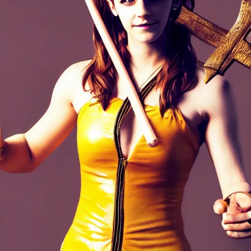 Image similar to a full body photo of emma watson as nami from one piece holding a trident in one hand, award winning photography, 50 mm, perfect faces.