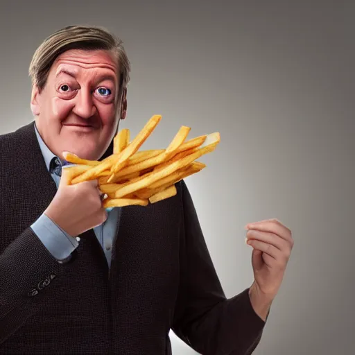 Image similar to photo of [ a single french fry chip ] shaped into stephen fry as a pixar character hybrid intercross mix cinematic lighting