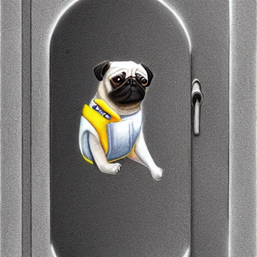 Image similar to gif, high - resolution, pencil art, colorized, extra - detailed, pug astronaut, opening door, in space that leads into the universe