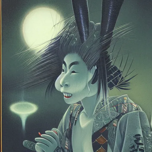 Image similar to painting of takaonna yokai, misty night, beautiful! coherent! by brom, deep colors, strong lines, high contrast