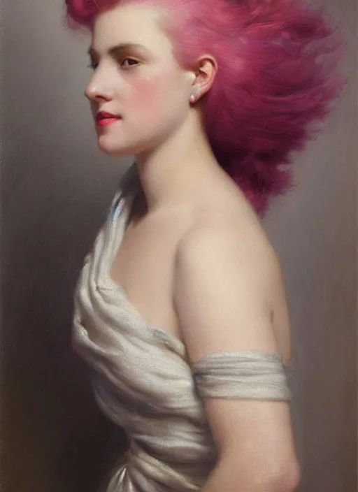 Image similar to a detailed portrait of woman with a mohawk by edouard bisson, year 1 9 4 0, pink hair, punk rock, oil painting, muted colours, soft lighting