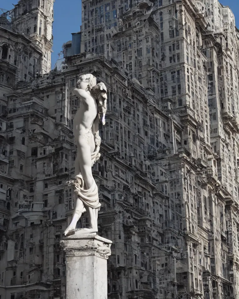 Image similar to an achingly beautiful roman marble sculpture standing alone amid a bustling futuristic metropolis.