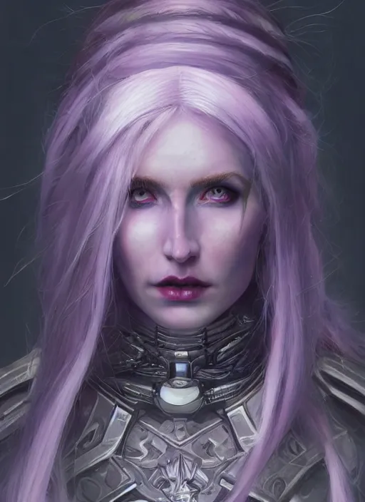 Image similar to a hyper detailed face portrait of a pale woman with purple hair in sci - fi cybernetic armor, sylvanas windrunner, sideshow figurines, by tom bagshaw, artgerm, dorian cleavenger, greg rutkowski, wlop, astri lohne, zdzisław beksinski trending on artstation