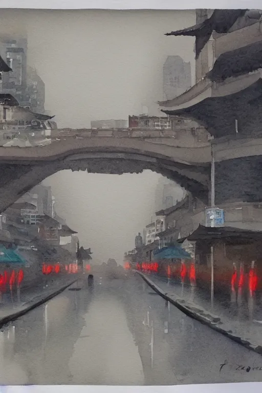 Prompt: A watercolor depicting an empty Xujiahui, gloomy weather, high contrast, smooth, by Joseph Zbikowicz, 8k