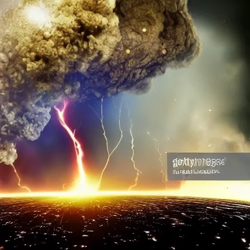 Prompt: Photo of the last day of the world. Meteors falling and destroying cities. explotions, destruction. news photography, cinematic still from Deep Impact