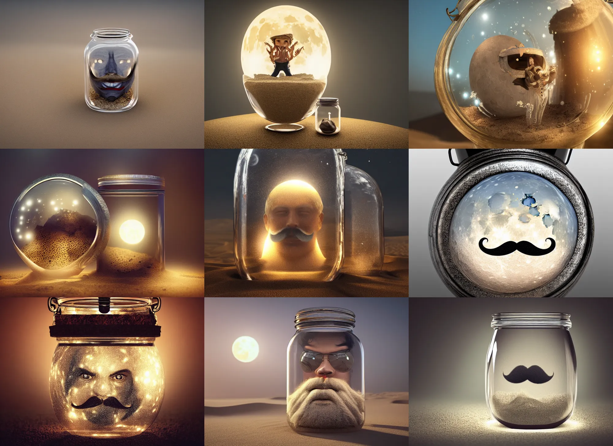 Prompt: fullmoon moustache inside a glass jar buried in sand, intricate detail, hyper detailed, ultra realistic, sharp focus, octane render, lantern, volumetric, ray tracing, artstation trending, moon, pocketwatch, cgsociety, sense of awe, mystical, moon, 4 k