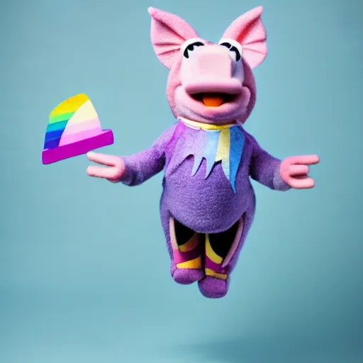 Prompt: studio photograph of a happy flying pig with wings with a unicorn horn depicted as a muppet