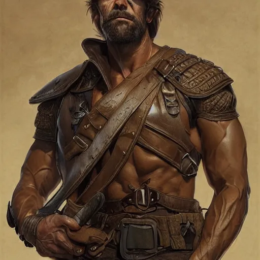 Prompt: portrait of a rugged ranger, coherent hands, handsome, muscular, full body, leather, hairy torso, d & d, fantasy, intricate, elegant, highly detailed, digital painting, artstation, concept art, smooth, sharp focus, illustration, art by artgerm and greg rutkowski and alphonse mucha