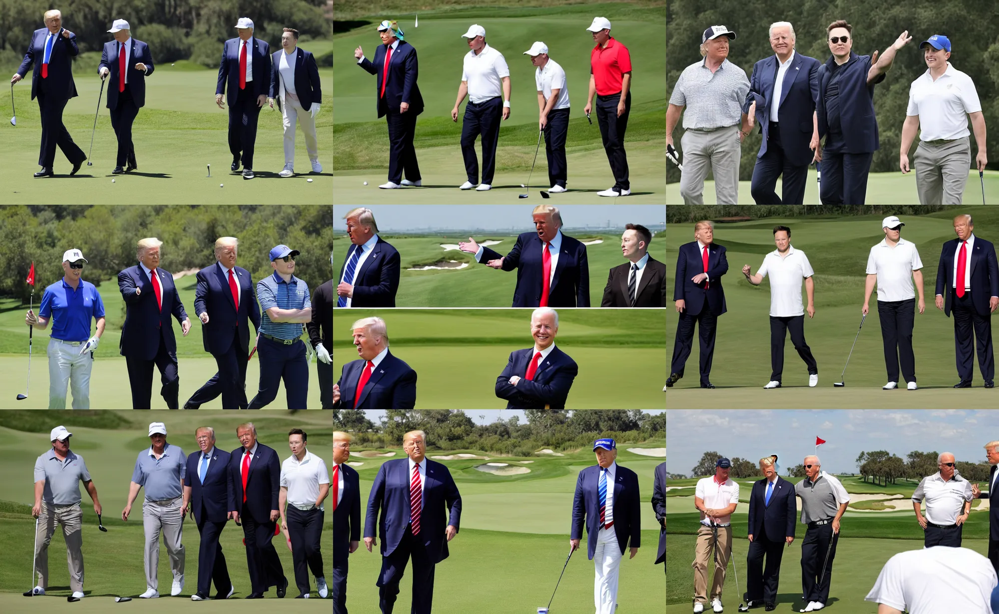 Prompt: donald trump, elon musk and joe biden playing golf together