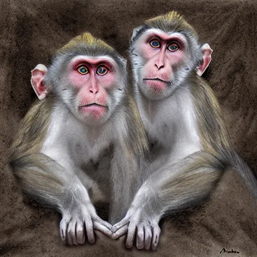 Image similar to two macaques looking at each other inside ancient cave, digital art, soft shadows, creepy art