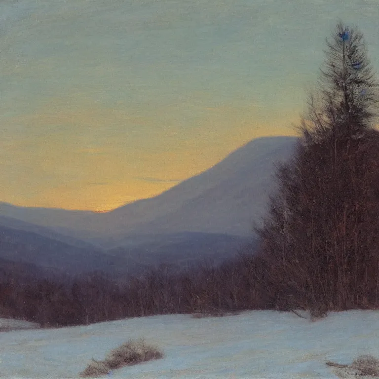 Image similar to new hampshire, mountains, winter, twilight, luminous, abbott handerson thayer, glaze oil painting